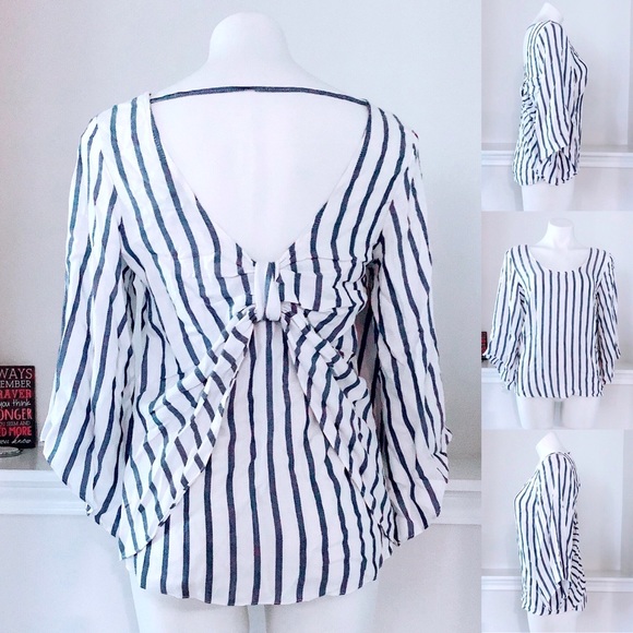 DREW Anthropologie Top w/Bow at Back in White/Denim Size S New w/Tag Retail $166 - Picture 5 of 12